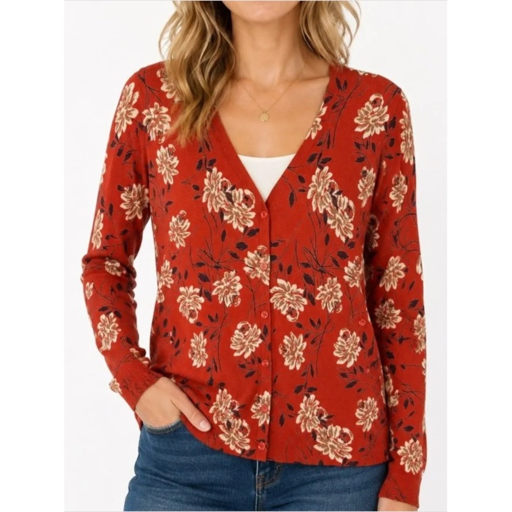 Daniel Rainn Orange Floral V-Neck Button Front Knit Cardigan Sweater Size XL